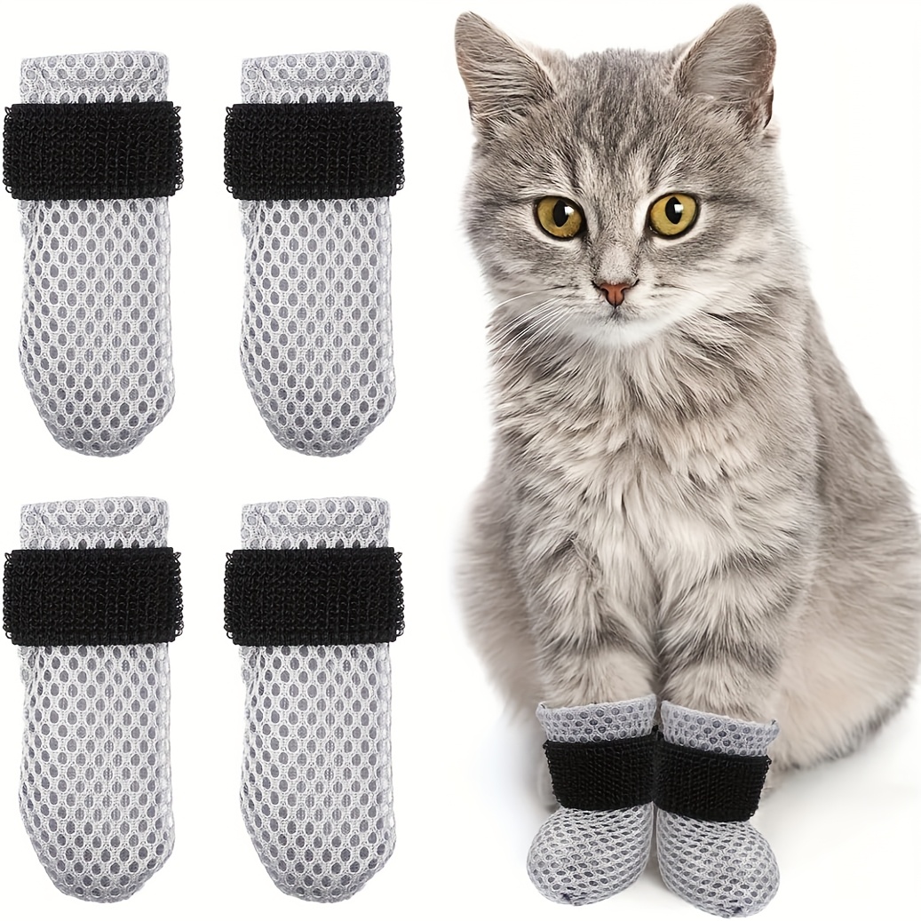 4-pack Adjustable Anti-scratch Boots - Non-slip Mesh Paw Covers With Elastic Straps, Durable Nylon Pet Socks For Nail Trimming, Bathing & Furniture Protection (grey)