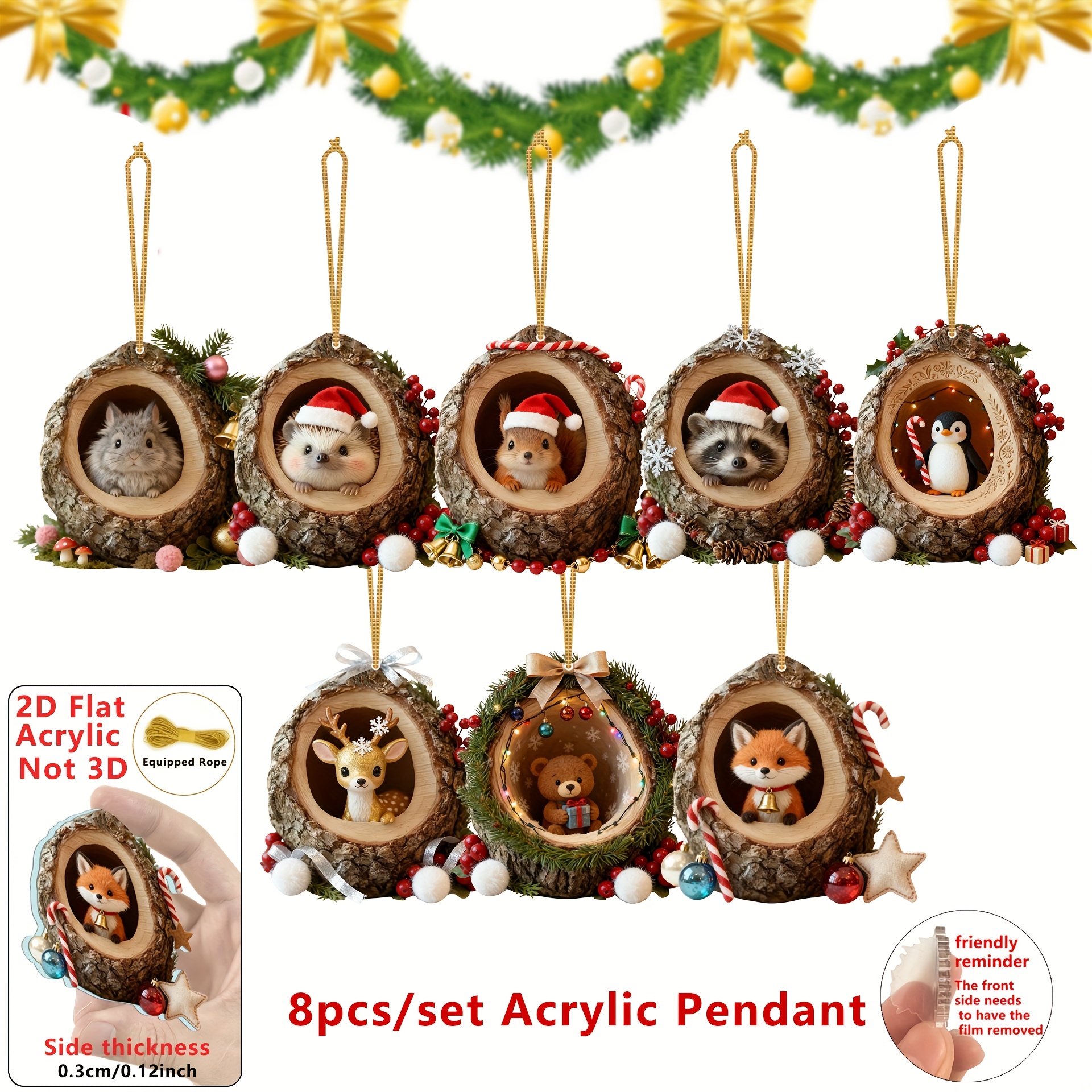 TEMU 2d Flat 8 Cute Hibernating Animal Wooden Pendants For Decorating Christmas Tree-2d Flat Design With Snow Forest Scene, Mixed Colors, Very