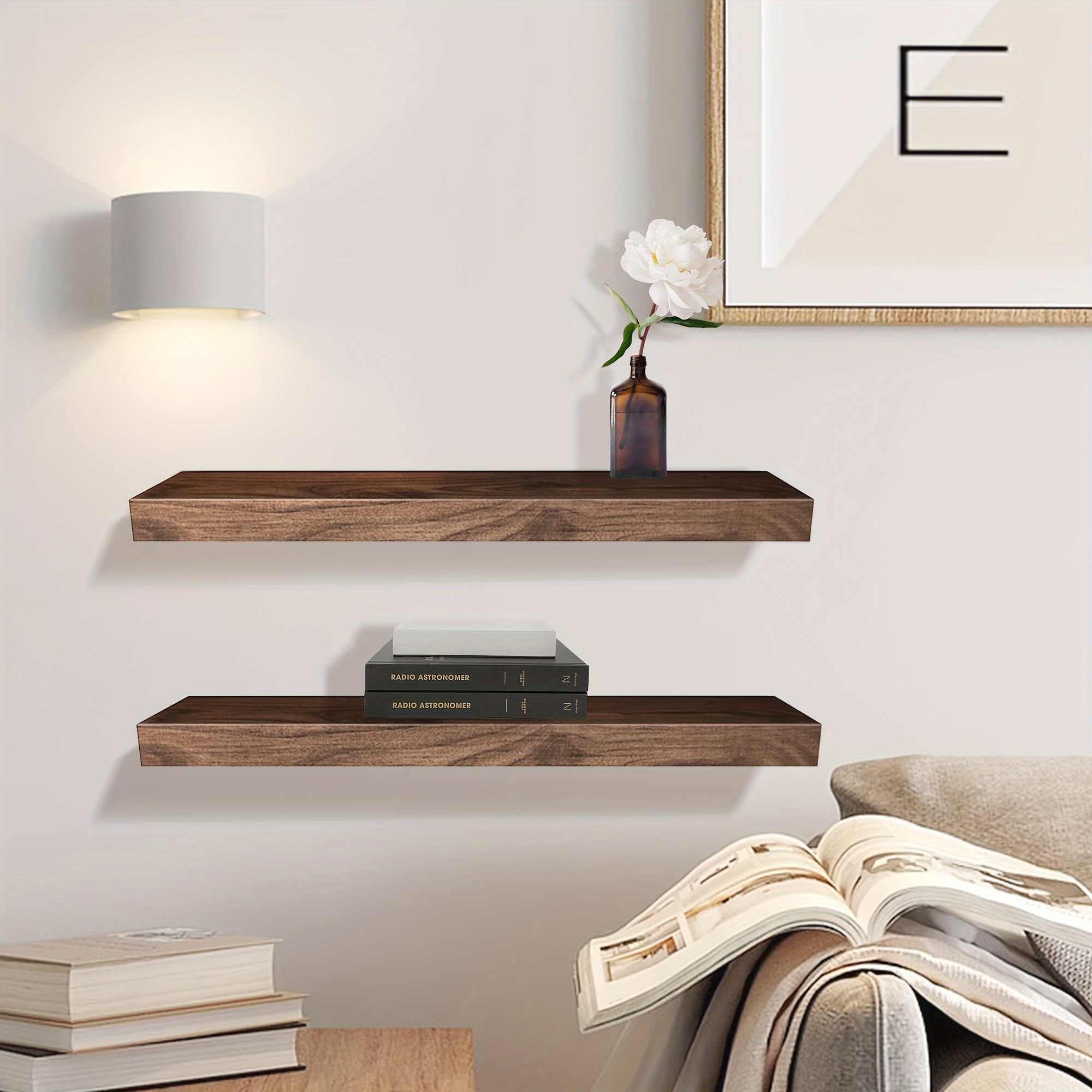 Set Of 2 Floating Shelves - 36 Inch Solid Wood Wall Shelves, Dark Walnut For Living Room, Bedroom, Kitchen