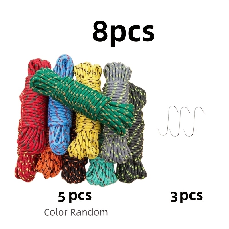 TEMU Lot de 8 pièces : 5 cordes à linge + 3 crochets. Cordes à linge de camping extérieur de haute qualité, épaissies, résistantes à l' et au vent.