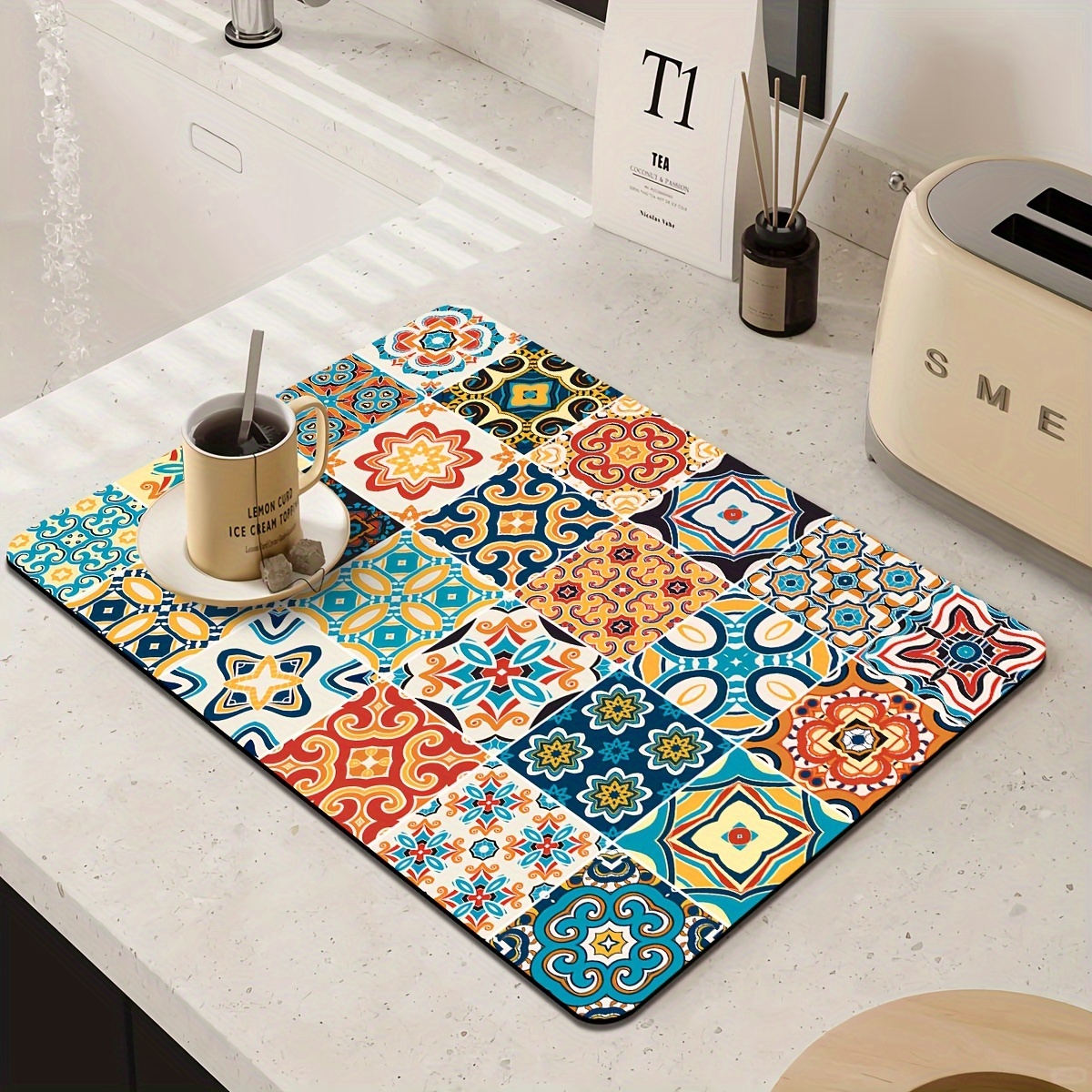 Image of 1pc Super Absorbent Coffee Machine Mat Placemat Retro Pattern - Soft Diatomite Non-slip Quick Drying Xl Xxl - Suitable For Kitchen Countertops Coffee Bar Kitchen Table Home Additions