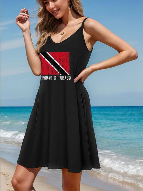 womens elegant distressed caribbean flag spaghetti suspender dress v neck sleeveless black beach dress with washable for spring summer fall casual spaghetti strap summer dress tropical outfit nontransparent fabric