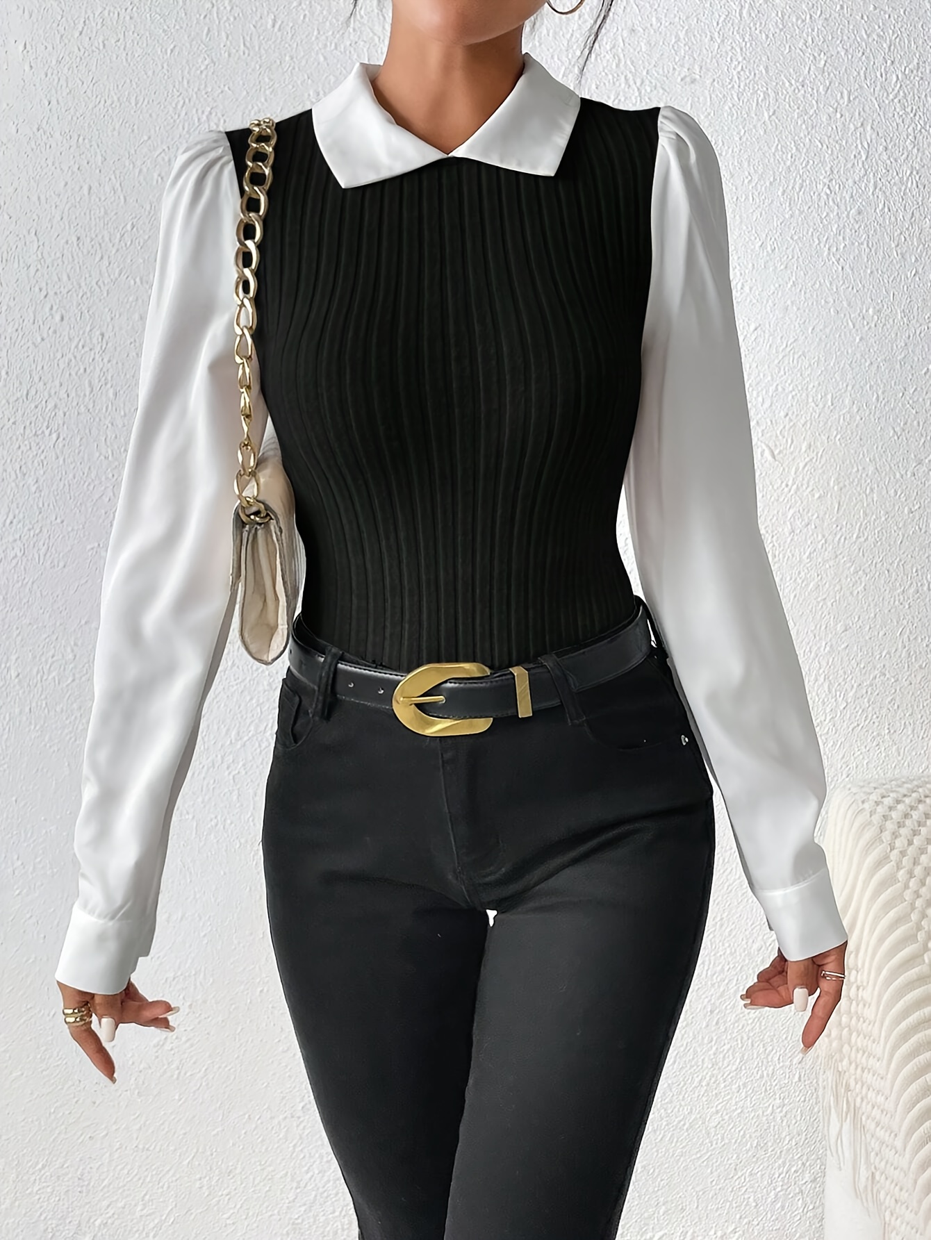 chemise décontractée pour femmes à manches longues - design du moyen- avec de couleur, tissu semi-transparent et col contrastant, lavable en machine & extensibilité moyenne pour automne/hiver, blouse à boutons à manches longues, haut détagement , tissu à extensibilité modérée Détails du produit 3