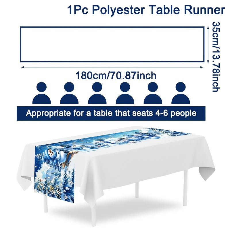 TEMU 1pc Christmas Snow Scene Tablecloth, Blue Snowman Designs 35 X 180cm Polyester Xmas Decorative Table Cover, Christmas Decorations For Home 2026,