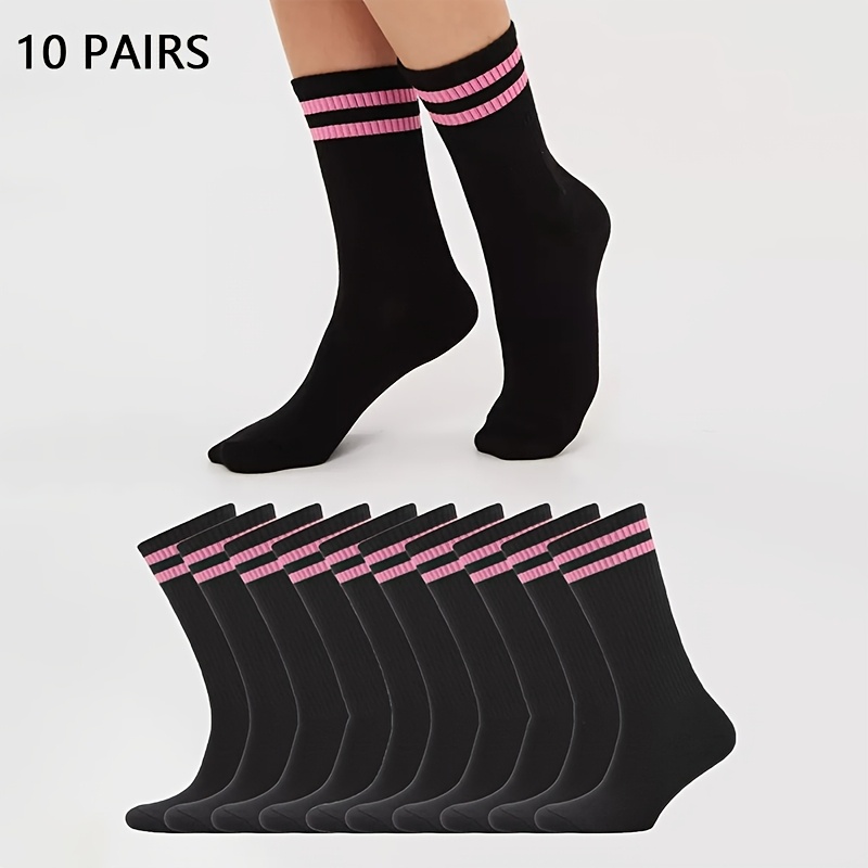 TEMU 10 Pairs Of Women's Soft And Comfortable Pink Striped Mid-calf Socks, Black Socks, Suitable For Daily Wear, Breathable Casual Sports Street