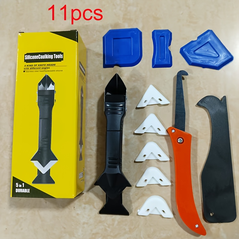 7/11pcs Silicone Caulk Tool Kit, Caulk Removal Tool, Hook Knife, Grout Removal Tool With Stainless Steel Head Reusable And Replaceable 5 Silicone Pads For Kitchen Bathrooms And Windows