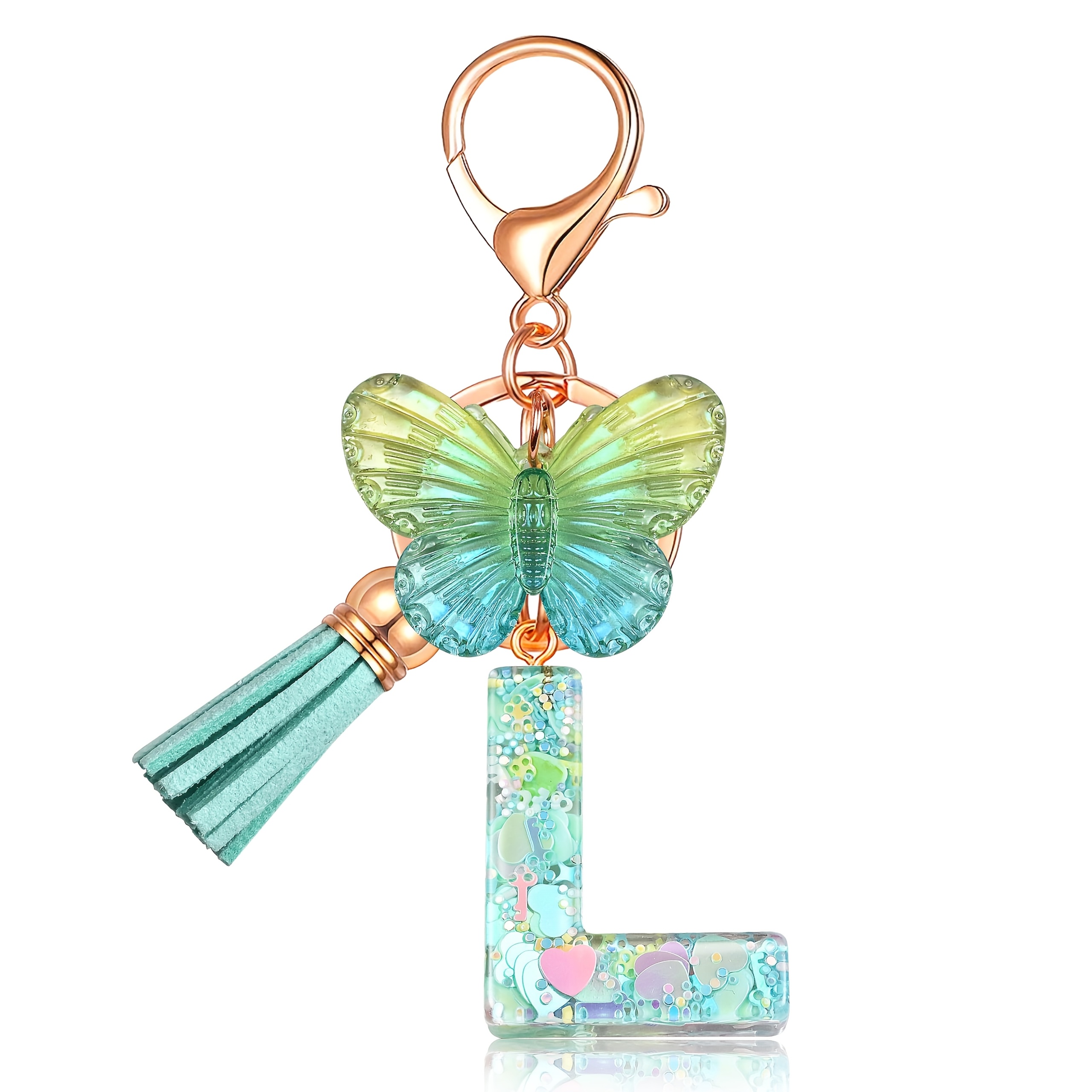 TEMU 1pc Romantic Transparent Green & Tassel Keychain With Initial Letter Charm, Abs -shaped Keyring, Split Ring Closure, Friendship & Love Themed,