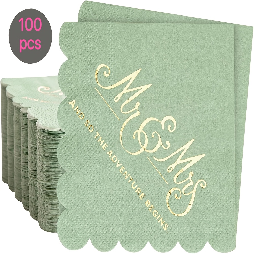 E-shop Set mit 100 Salbeigrünen Servietten mit goldener Folie und dem Text " And So The ", für Hochzeiten, Brautpartys und Verlobungspartys