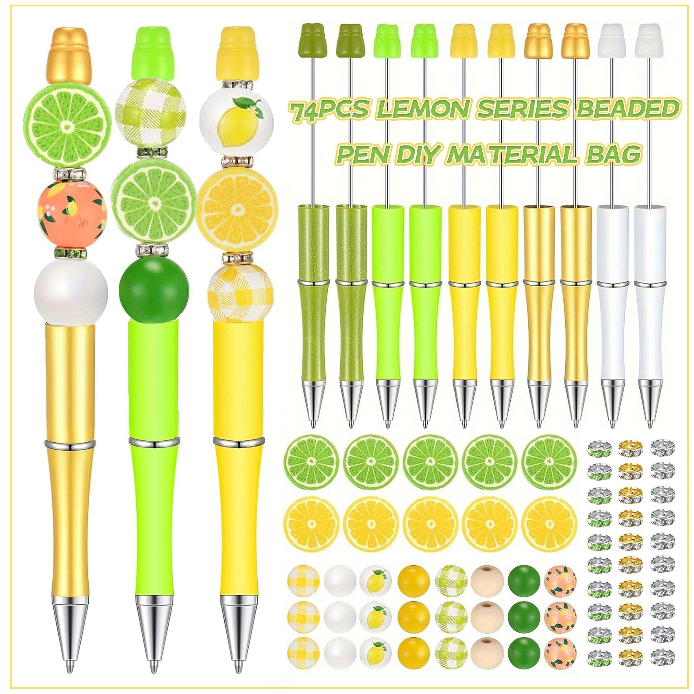 

74pcs Lemon Series Beaded Pen Diy Material Bag 10 Pens 10 Lemon Beads 24 Round Beads 30 Diamond-shaped Suitable For Summer Parties Pen Gift For Gift Kit ()