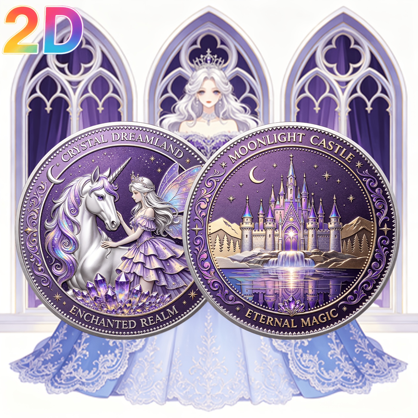 TEMU 1pc 2d Flat Printing Commemorative Coin, 4cm X 4cm Moonlight Castle Elf Unicorn Collectible Coin, Amethyst Pattern Coin, Fairy Tale Text