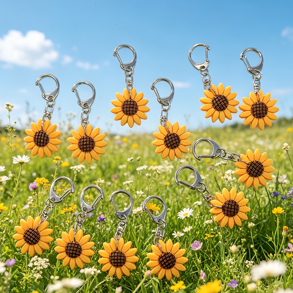 TEMU 2d Flat, 12pcs 2d Flat Sunflower Keychain Set, Fresh Sunflower Key Charms, Used For Keys, Bags, And Luggage, Suitable For Daily Outfits, 2d Flat