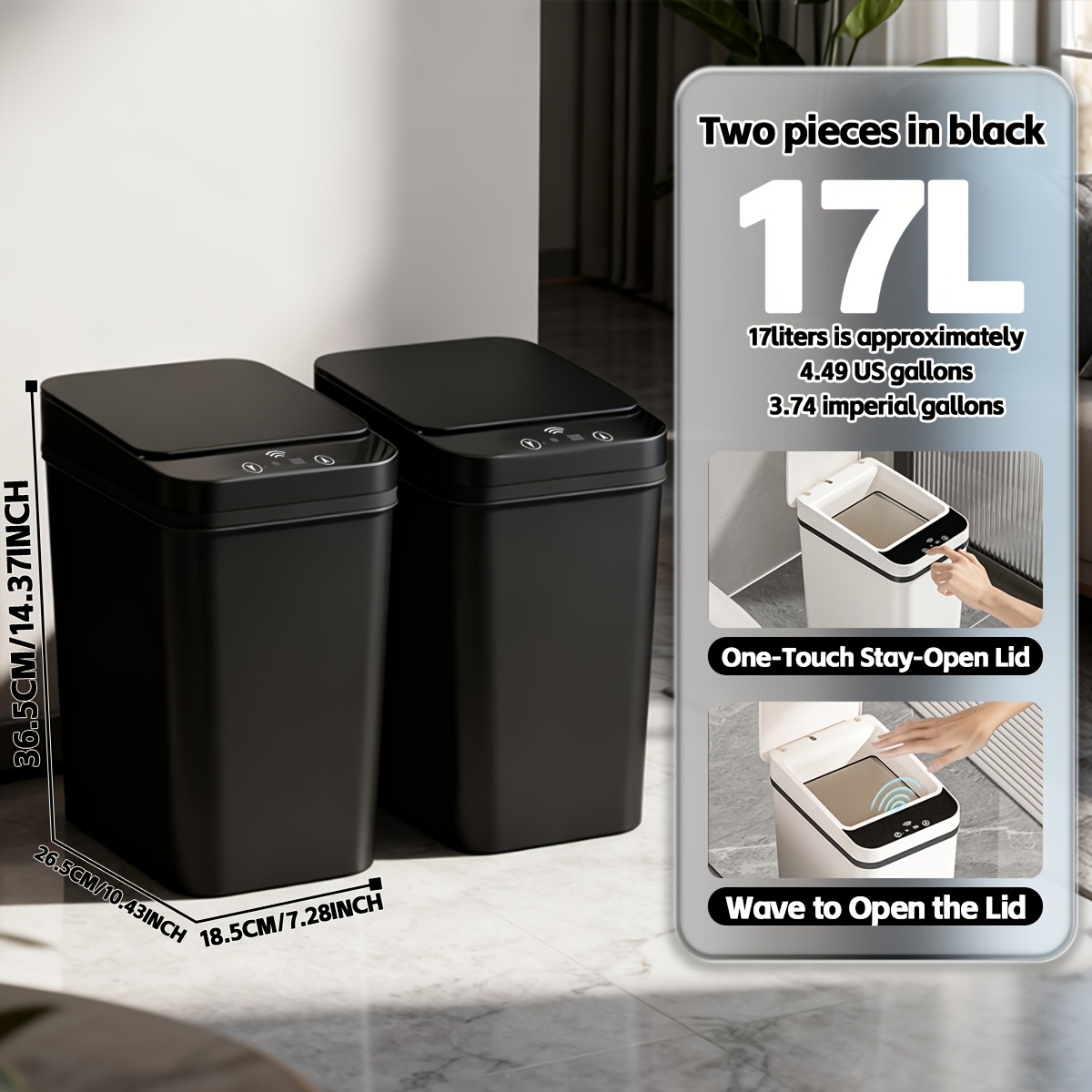 E-shop 17L/4,49gal Sensor-Mülleimer – berührungsloser - & Fußsensor + Knopf-Offenhalte-, schwarzes rechteckiges Design, leiser Schließvorgang,