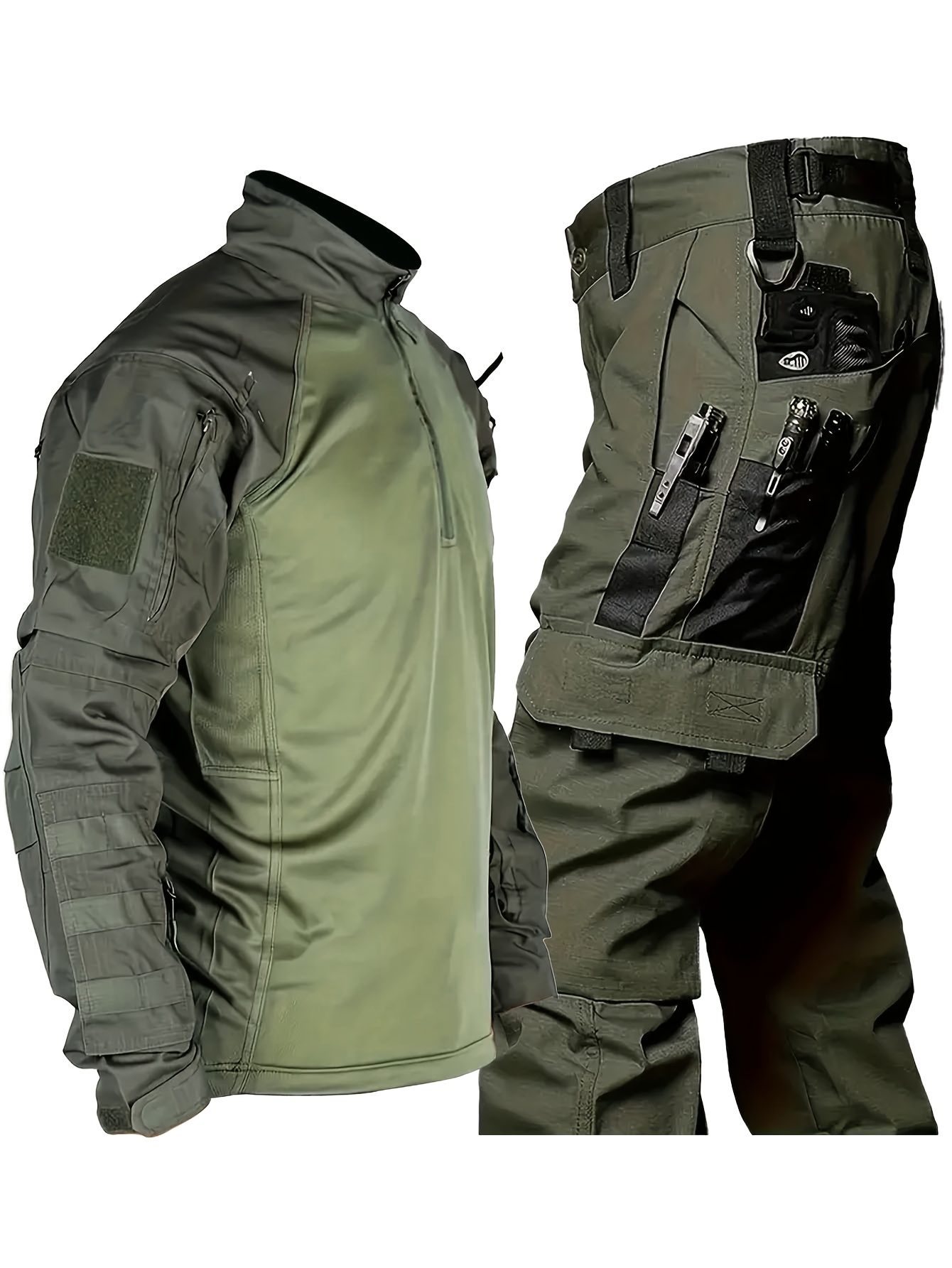 2pcs mens camouflage outdoor gear set breathable polyester cotton long sleeve   with stand collar tear abrasion resistant multi pocket adjustable waist trousers raglan sleeve for hiking fishing   season 65 polyester 35 cotton