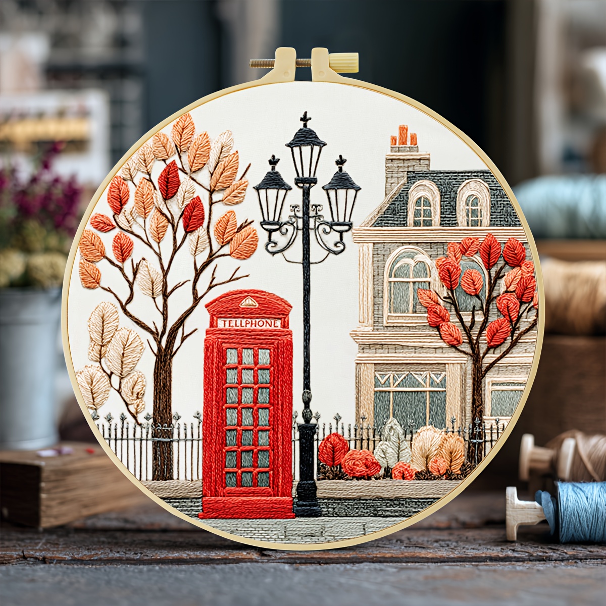 TEMU Embroidery Kit, 20x20cm/7.9x7.9 Inches, Telephone Booth, Handmade Diy Embroidery Kit, Suitable For Adult Beginners, Including Embroidery Cloth,