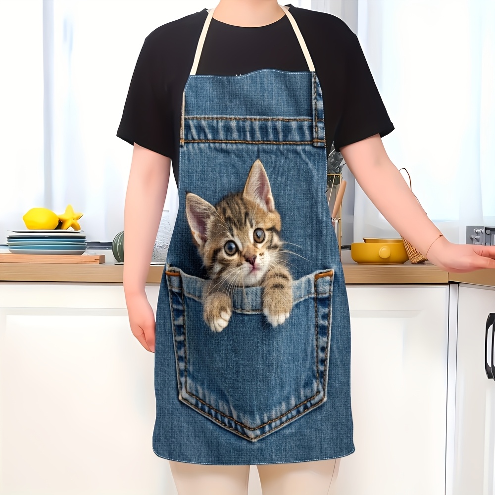 TEMU 【商品名】デニムの子猫柄が特徴的なポリエステル製エプロン。家庭料理やベーキングに最適。丈夫で快適、そして楽しいこのエプロンは、ペイント、食器洗い、掃除にも適しています。