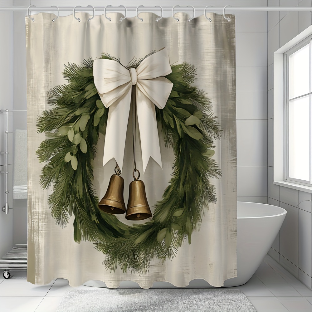 Merry Christmas Shower Curtain - Waterproof, Machine Washable With Festive Wreath & Bow Design, Includes 12 Hooks - Perfect Holiday Bathroom Decor