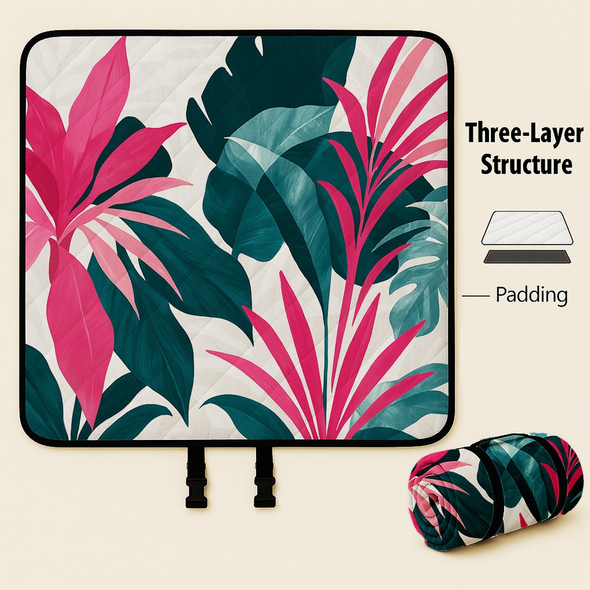 Extra Large 78x78 Inches Foldable Picnic Blanket | Soft Padded Layer Design With Floral And Fruit Print, Carry Strap, Pu Coated Oxford Cloth, Hand Wash Only - Ideal For Beach, Park, Camping, Travel