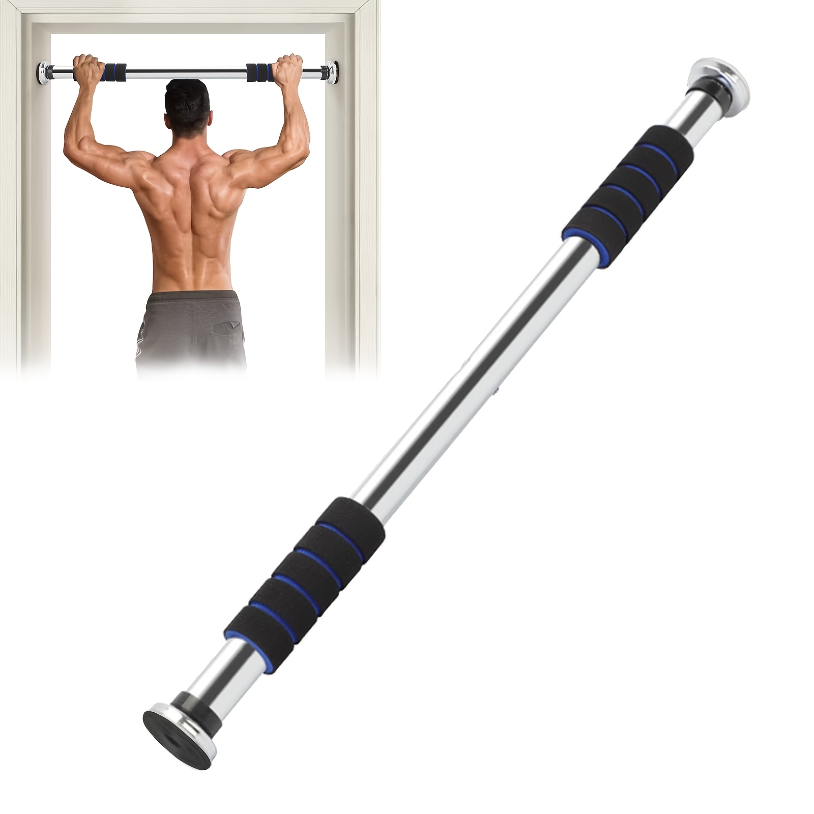 Image of Adjustable Door Pull Rod, With A Pair Of Sports Wristbands, For Drilling Installation, 62-100 Cm Range, Carbon Steel, Black - Very Suitable For Upper In Home Gyms, Gym Additions