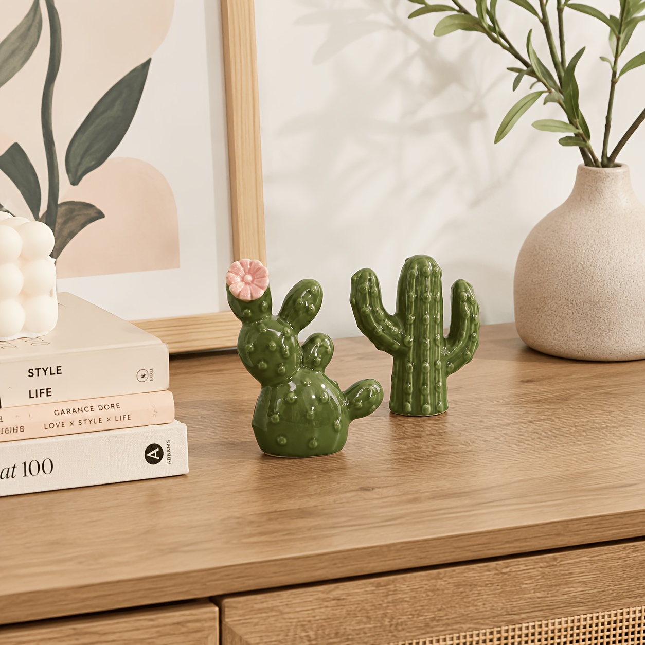 Image of 2pcs Vintage Green Ceramic Cactus Storage Ornament, Organizer For Small Additions & Desktop Decor, Easy Ins-style Home Storage, Easy To Clean, Decor For Living Room, Office & Bedroom