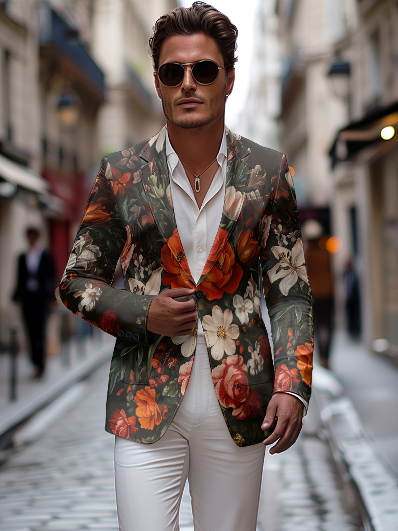 Moda Blazer Flores Hombre Chaqueta Traje Clásica Larga Hombre