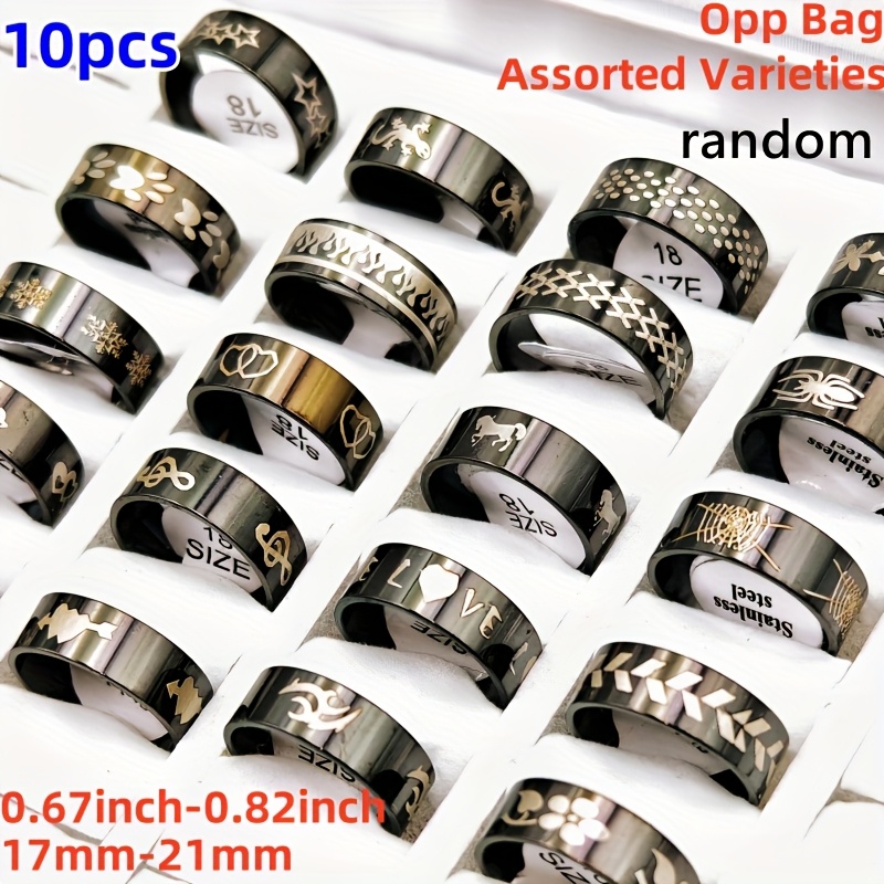 Image of 10pcs/pack Men's Jewelry Set Laser Marking Rings Suitable For Men And Women Styles Ring Size 17mm-21mm Black Mixed Style Party Jewelry Gifts Additions Wholesale Fashion Charm Ring Set