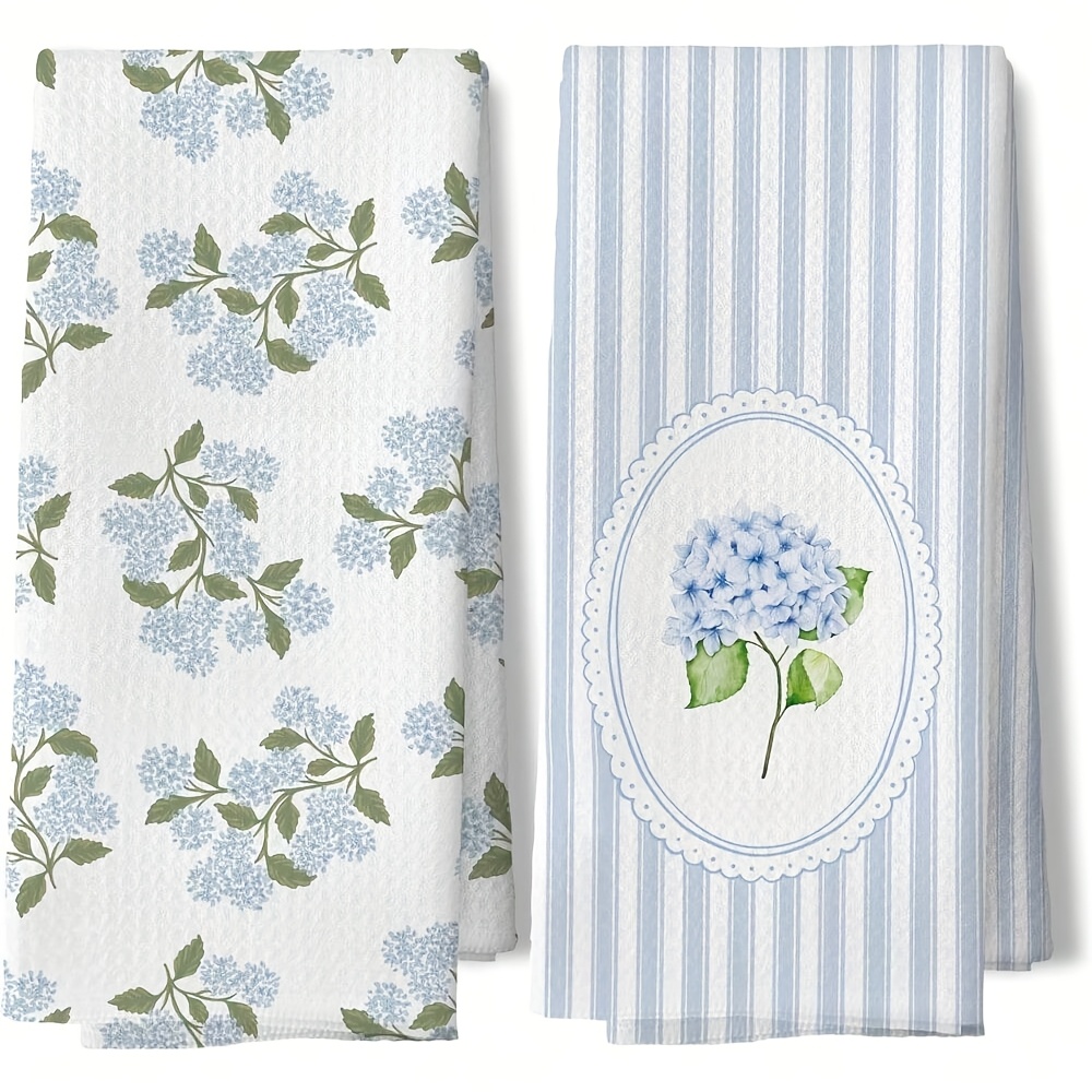 TEMU 2 Light Blue Hydrangea Floral Print Kitchen Towels Bathroom, 16x24 Inch Absorbent Waffle Weave S, Blue Hydrangea Floral Dish Cloths Bathroom