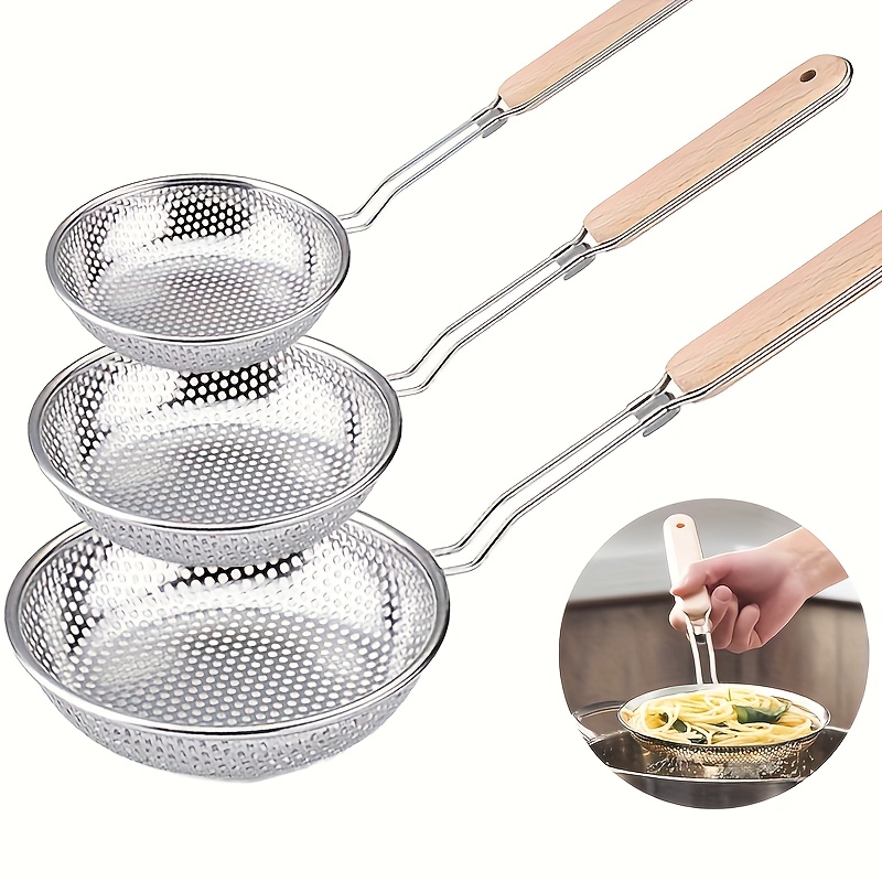 E-shop 3 Stück Edelstahl mit Holzgriff - Ideal zum Frittieren, Abtropfen Serviere von Pasta & Nudeln | für die Zubereitung Ihrer Speisen sowie das