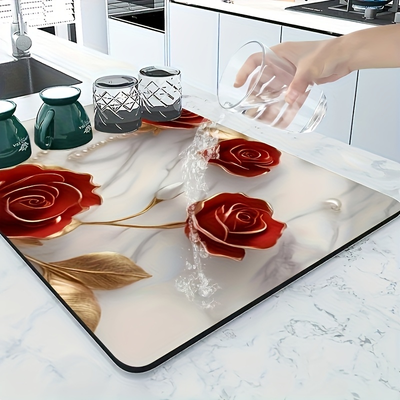 TEMU 1pc Luxury Floral Diatomite Drying Mat - Non-slip Quick-dry Absorbent Sink & Dish Drying Rack Mat Suitable, Bathroom, Coffee Machine, Bathtub -