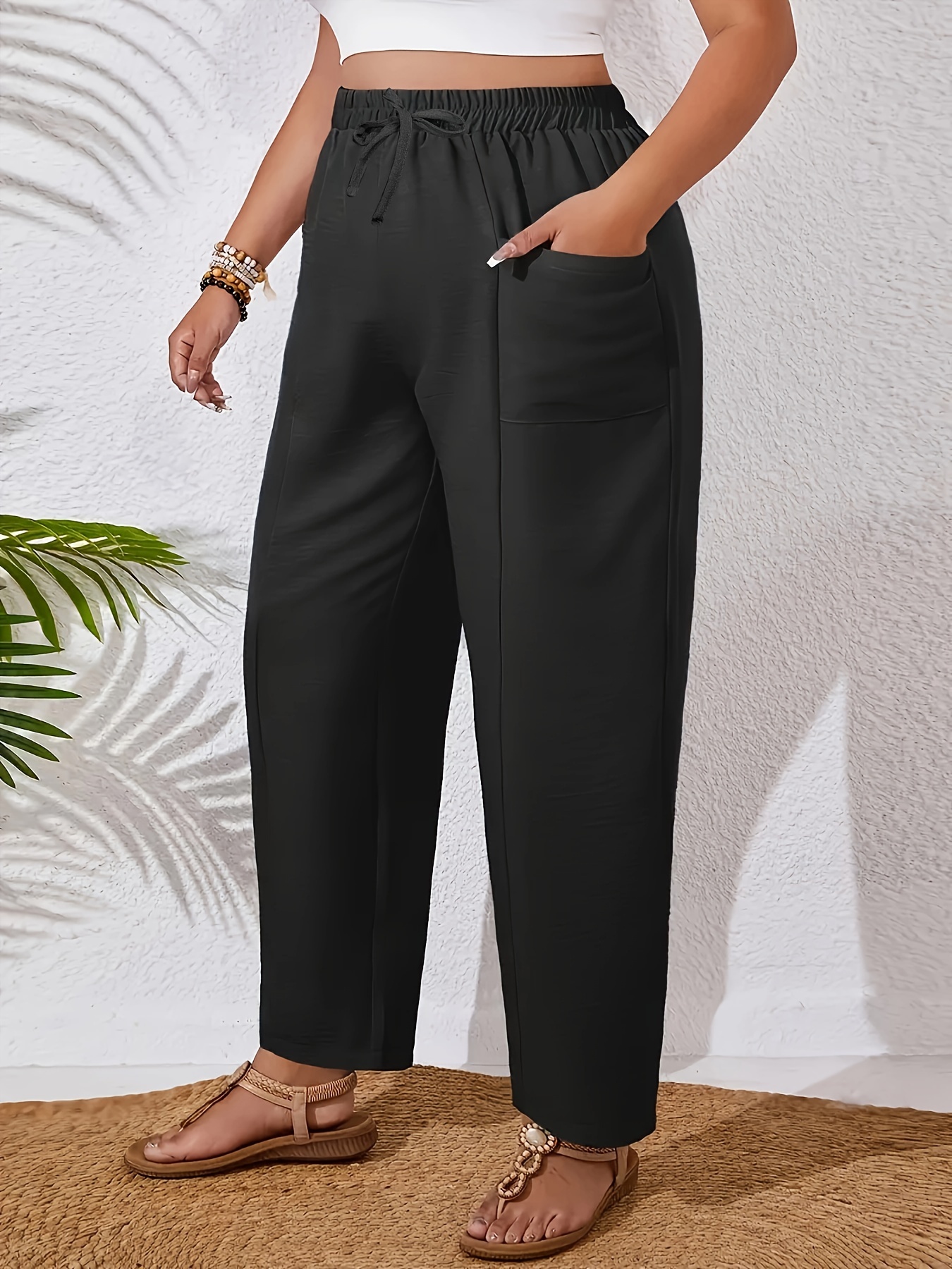 Plus Size - Women'S Plus Size Elegant Solid Color Wide-Leg Pants - Non-Stretch Fabric, All-Season Casual Trousers with Pockets, Brown, Comfortable Footwear, Stylish Accessory, Durable Fabric