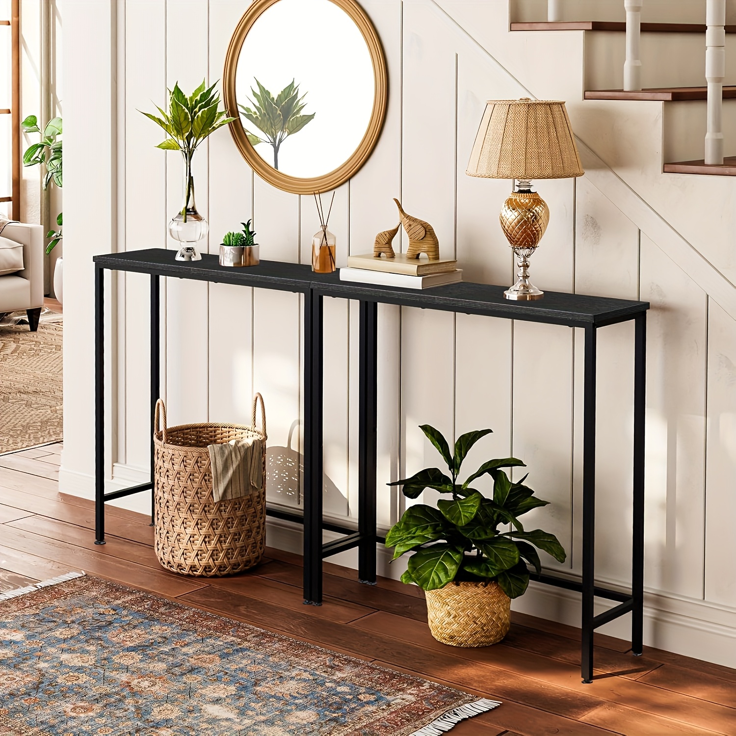 1 Mesa Consola Estrecha de Madera y Metal Negra, 29.5 Pulgadas (Aprox. 74.9 cm), Pequeño Escritorio para Entrada, Mesita Lateral Delgada con Repisa Expositora Ideal Para Pasillos, Dormitorios, Salas & Vestíbulos