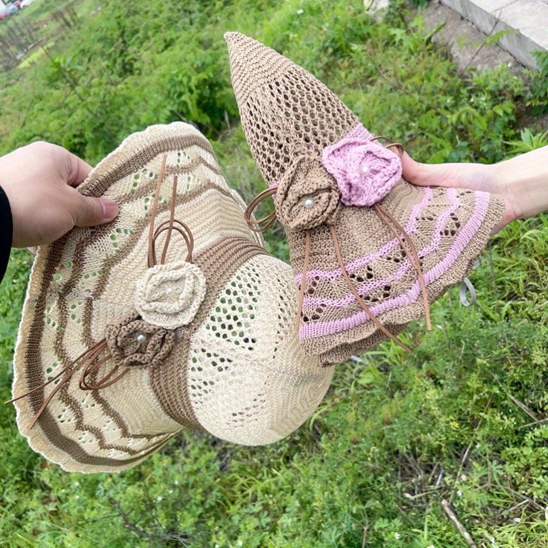 womens handmade crochet cotton sun hat foldable wide brim - Temu display picture 3