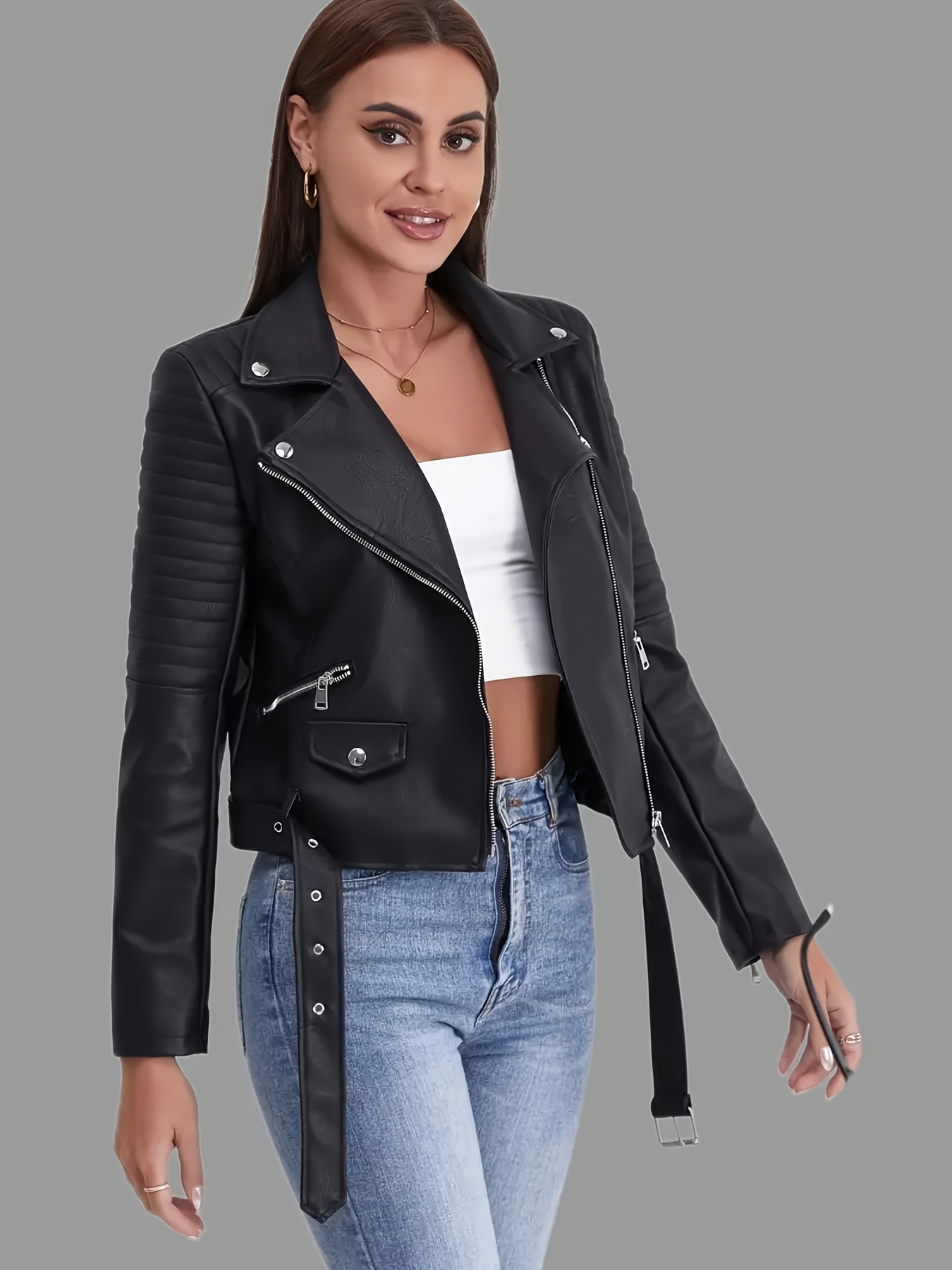 chaqueta cuero pu mujer abrigo estilo biker cremallera Temu
