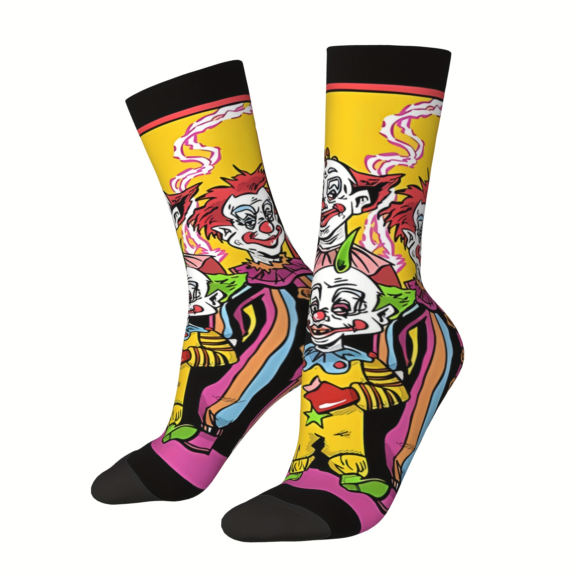 

1 Pair Men's Novelty Clown Pattern Crew Socks - , Fun Cartoon Design, Breathable Polyester With Elastane, 300-1.0g/m² - Gifts, Hand Wash Recommended, Funny Crew Socks