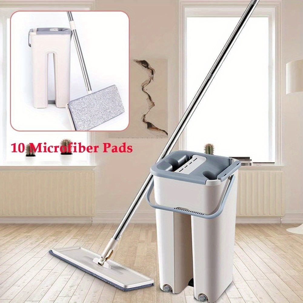 Image of Mop Set With Bucket, Floor Mop Set With 10 Microfibre Pads And Long Stainless Steel Handle, Mop With Wring Function For Marble Floor/ Tiles/ Laminate