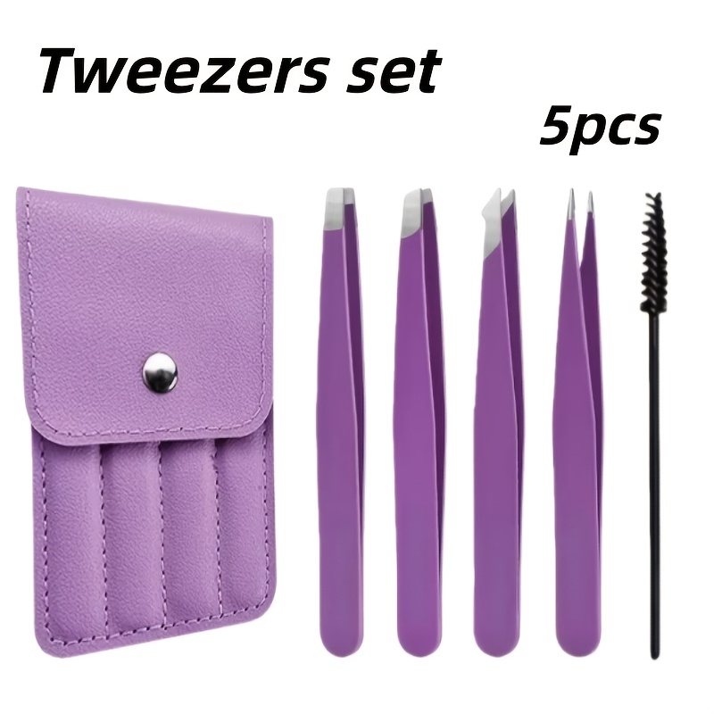 TEMU Purple Eyebrow Tweezer 4pcs Set With 1pc Brush, Stainless Steel Eyebrow Tweezers Purple Set Makeup Tools For Eyelash Extension, Eyebrow Shaping,