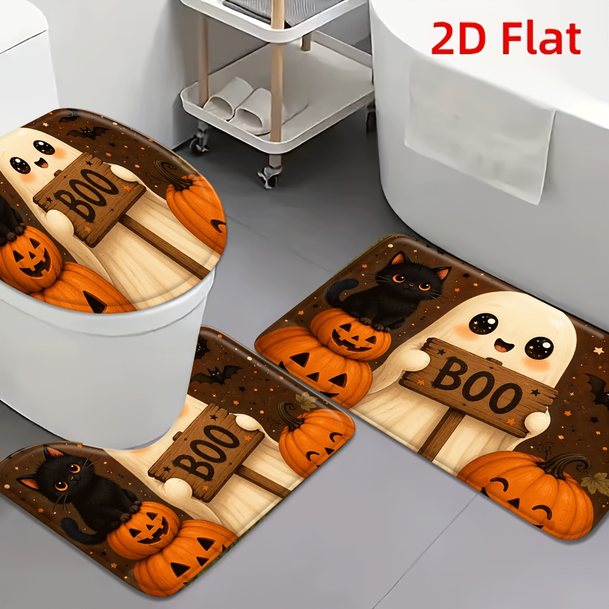 TEMU 2d Flat 3pcs Halloween And Cat Flannel Non-slip Toilet Mat Set Festive Decor For Bathroom, Entryway, Hallway, Living Room — Spooky Charm And