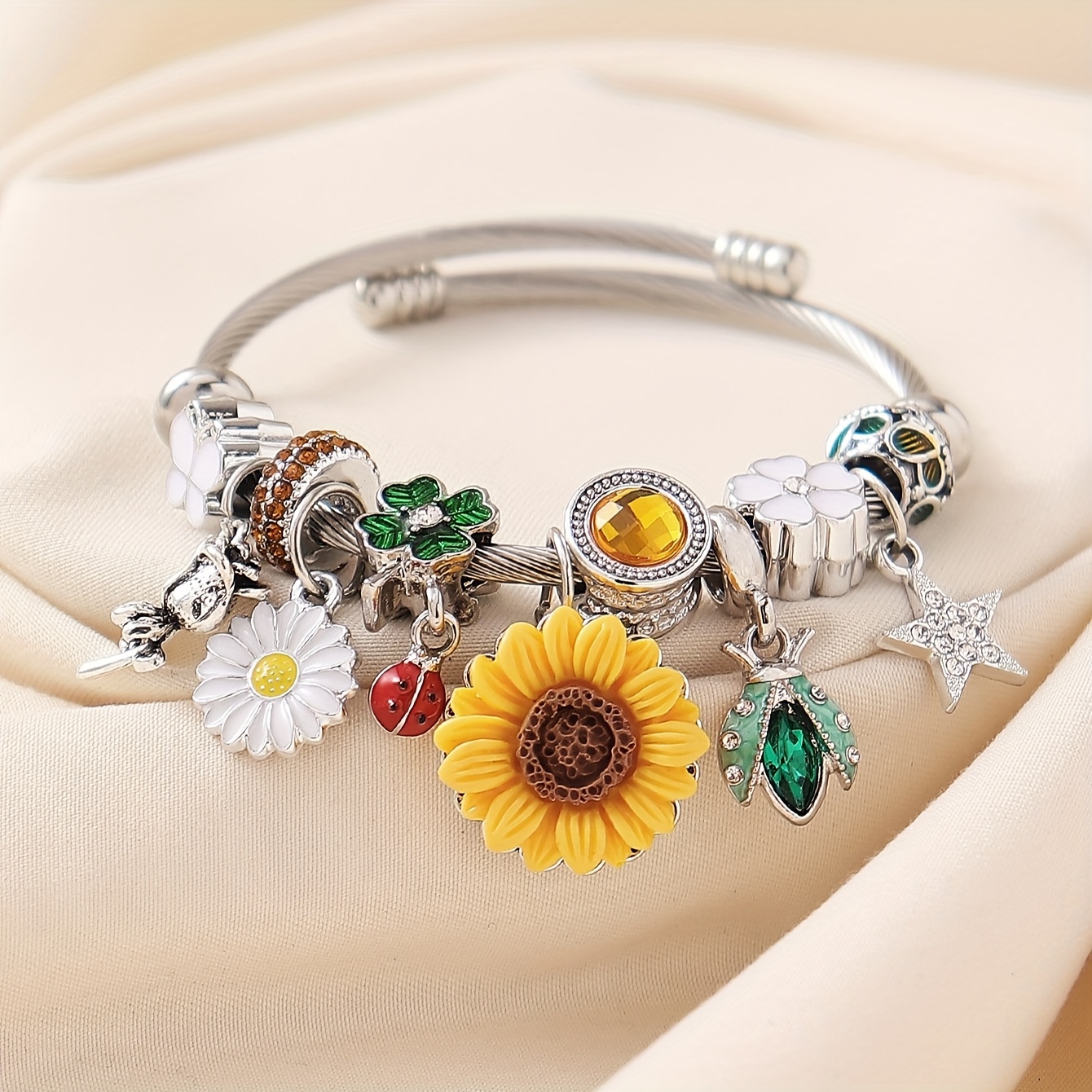 TEMU 1pc Of Fashionable Pastoral Style Sunflower, Clover, Ladybug, Daisy Bead Stainless Steel Bracelet, Cute Rose Flower, , Star Diy Bangle, Suitable