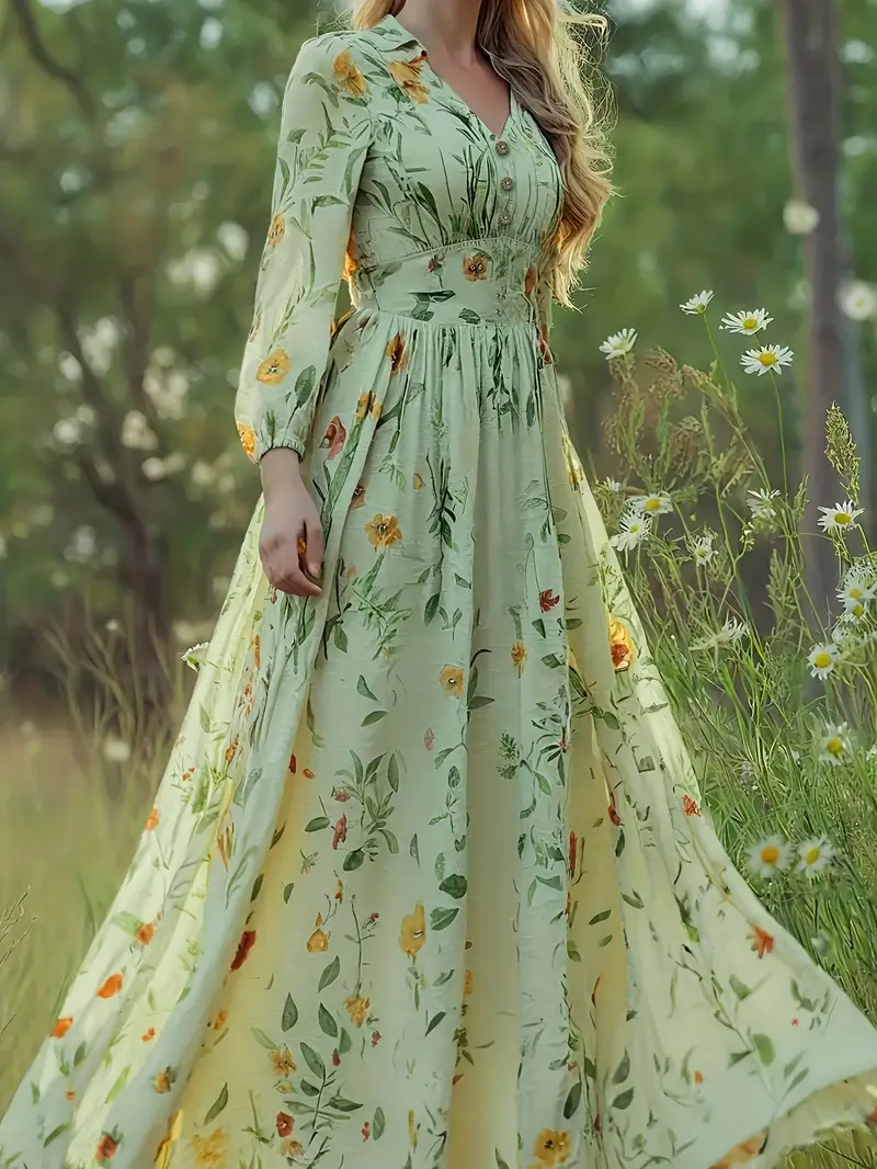 Polyester Casual Dress Women's Summer Vintage Floral Print Dress - 3/4 Sleeve, Crewneck, Oversized Loose Fit Maxi Dress, 100% Polyester, Green Boho Style Polyester Casual Dress Women's Summer Vintage Floral Print Dress - 3/4 Sleeve, Crewneck, Oversized Loose Fit Maxi Dress, 100% Polyester, Green Boho Style