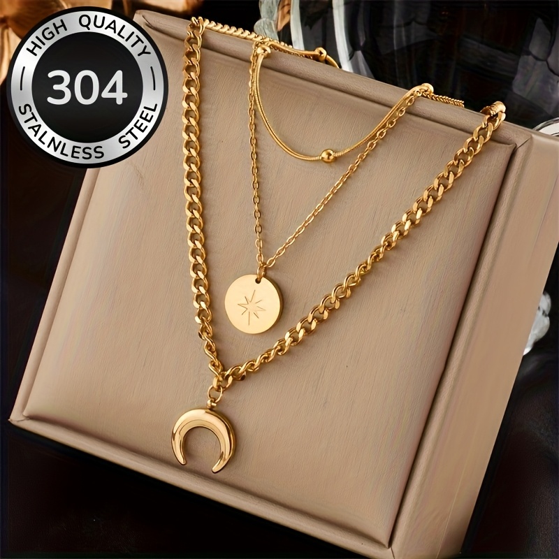 TEMU Collier Pendentif Croissant Multicouche avec Étoiles et Lune Superposées en Acier Inoxydable Doré 304, Chaîne Fine -Décoloration Disposée en ,