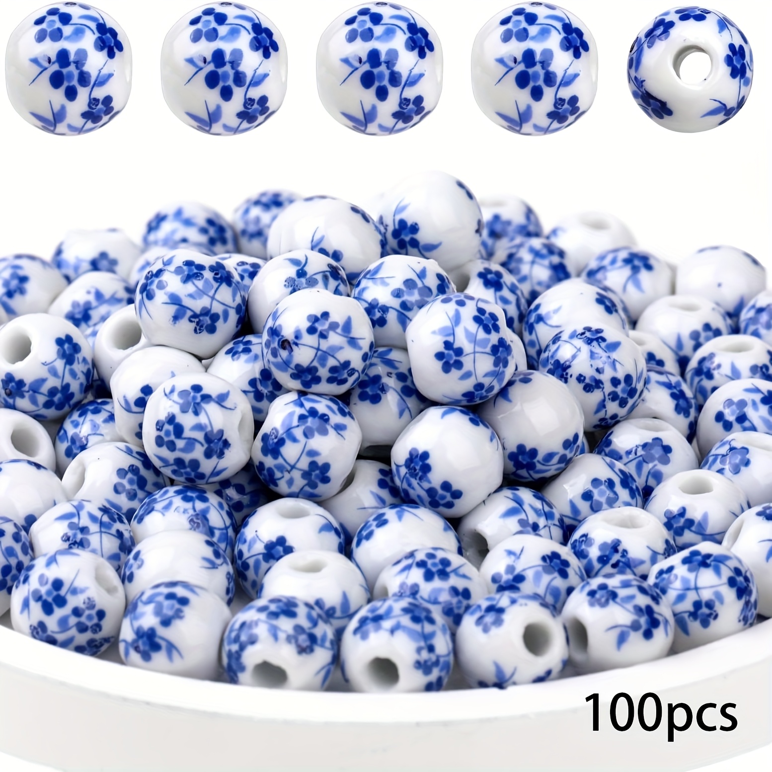 TEMU 100pcs 6-10mm Porcelain Beads For Craft Making, Blue Floral Printed Ceramic Beads, Round Ceramic Beads, Ceramic Spacer Beads, For Handmade Craft