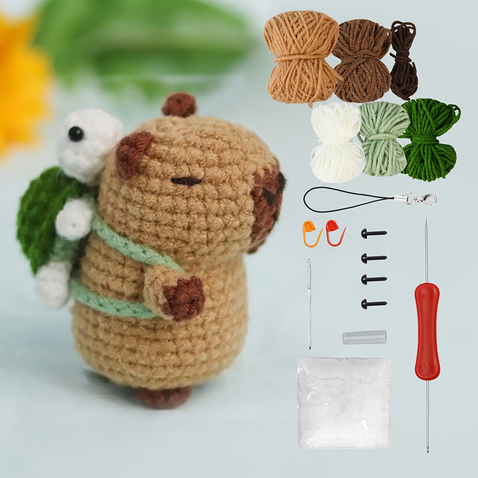 

Kit de Crochet Capybara pour Débutants - Ensemble Complet de Loisirs Créatifs DIY avec Outils & Accessoires, Mignon, Cadeau de Noël pour les , Matériau en Tissu Toutes en Marron /Blanc/Vert