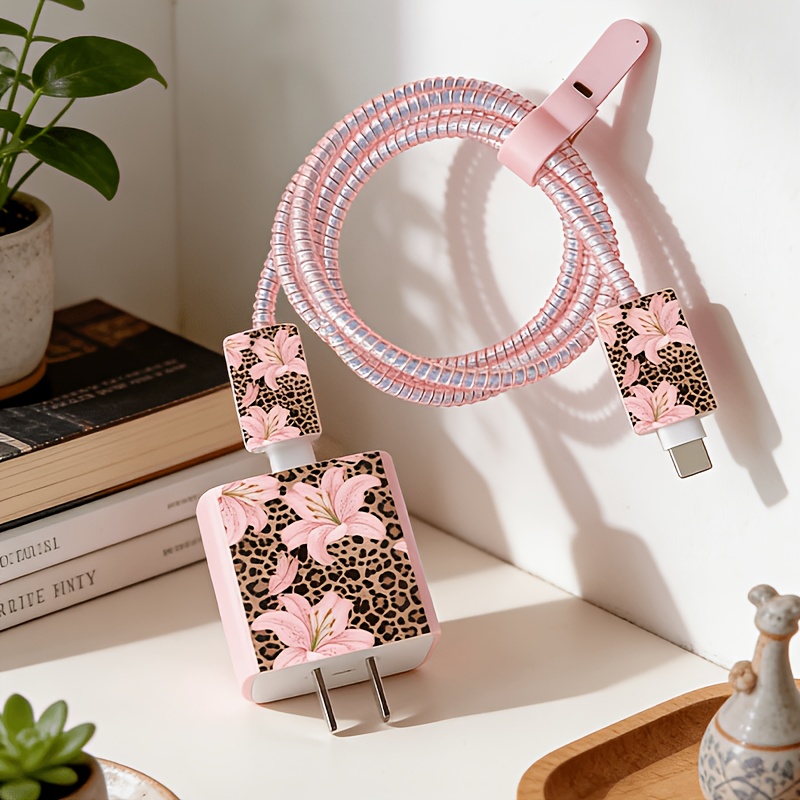 TEMU Leopard Print Flower Charger And Cable Protection Set, Durable For 18-20w Charging Cable Protective Case, Anti-break Cable Organizer