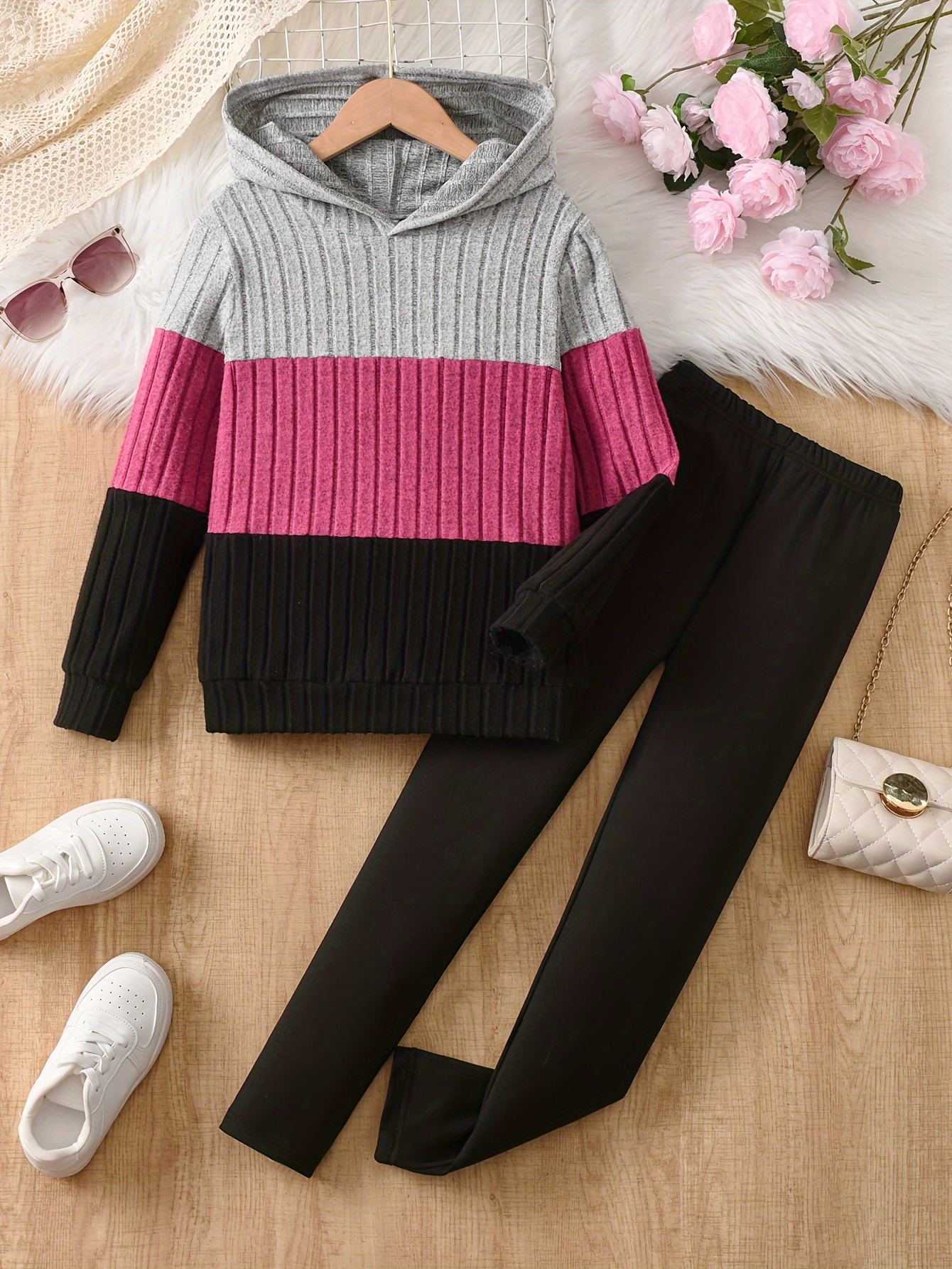Two-Piece Color-* Basic Set for Girls Featuring a Long-Sleeve Hooded Top  And Casual Leggings - a Stylish And Comfortable Knit Outfit for Spring And  Autumn, for Outdoor