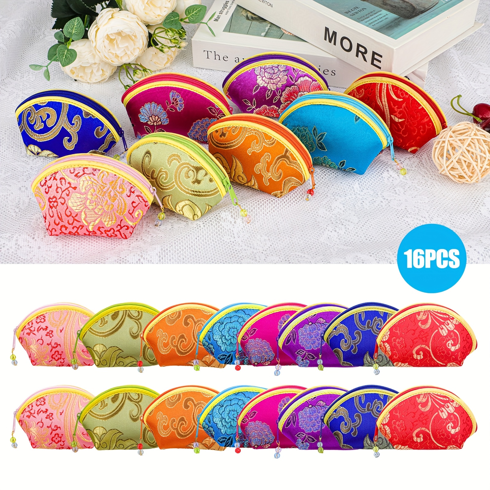 16pcs Zippered Jewelry Storage Bags, Chinese-style Jewelry Organizer With Floral Patterns, Mini Decorative Pouches For Small Items, Portable Design For Vanity And Travel Use