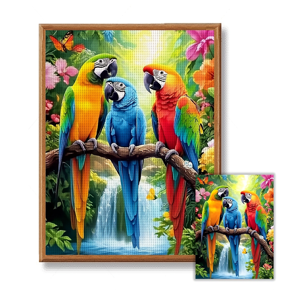 TEMU Jozysh 1pc Frameless 30x40cm/11.8x15.7inch 11ct/14ct Stamped Cross Stitch Starter Kit, Colorful Parrots, Relaxing Diy Cross-stitching Embroidery