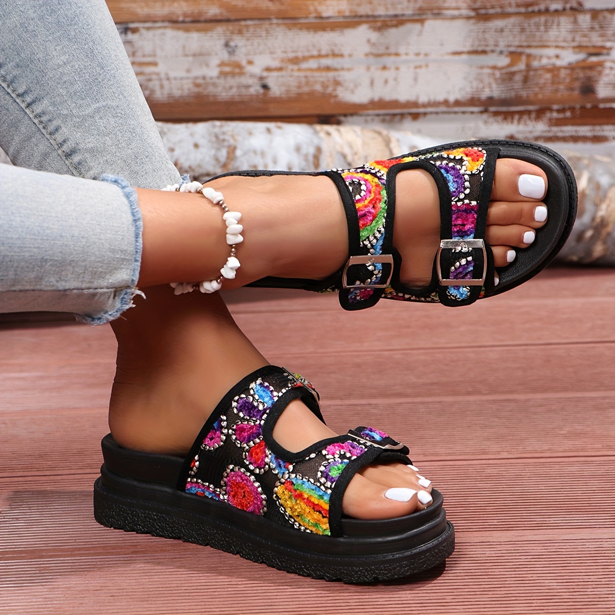 

Women's Trendy Double Buckle Strap Design Slide Sandals, Casual Open Toe Flat Summer Shoes, Comfortable Slip On Slide Sandals
