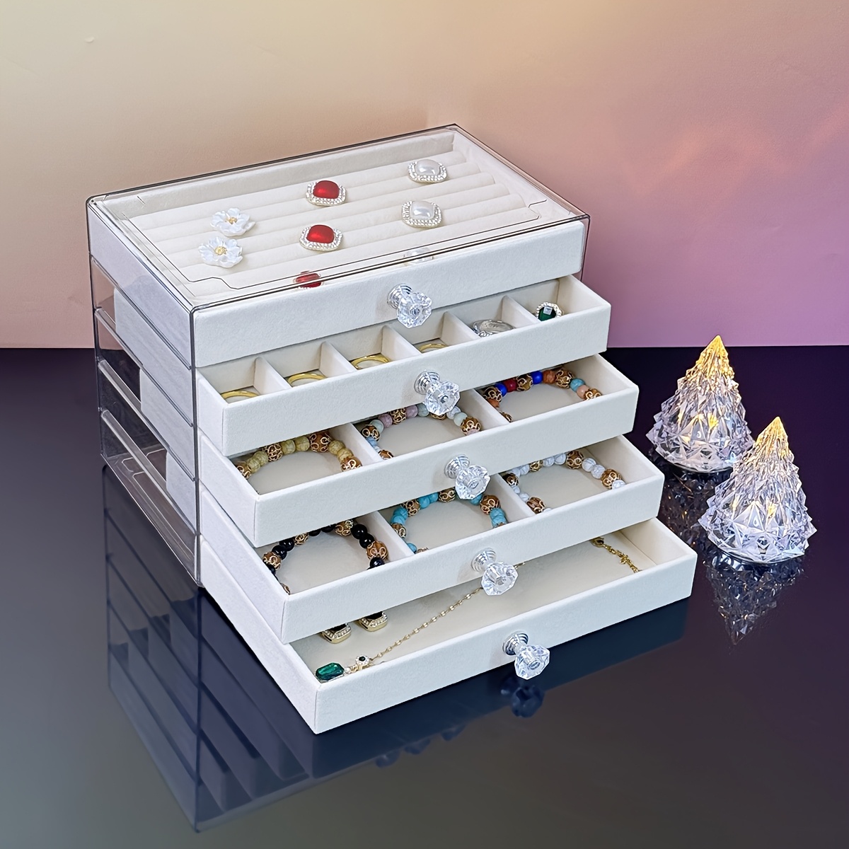 5 tier jewelry organizer box with transparent lids soft fabric lined compartments beige contemporary desktop storage for rings bracelets necklaces durable plastic multi use display case jewelry organizer storage polished   clear lid design jewelry boxes Product details 9
