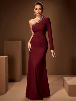 long sleeve off the shoulder solid color evening gown for women
