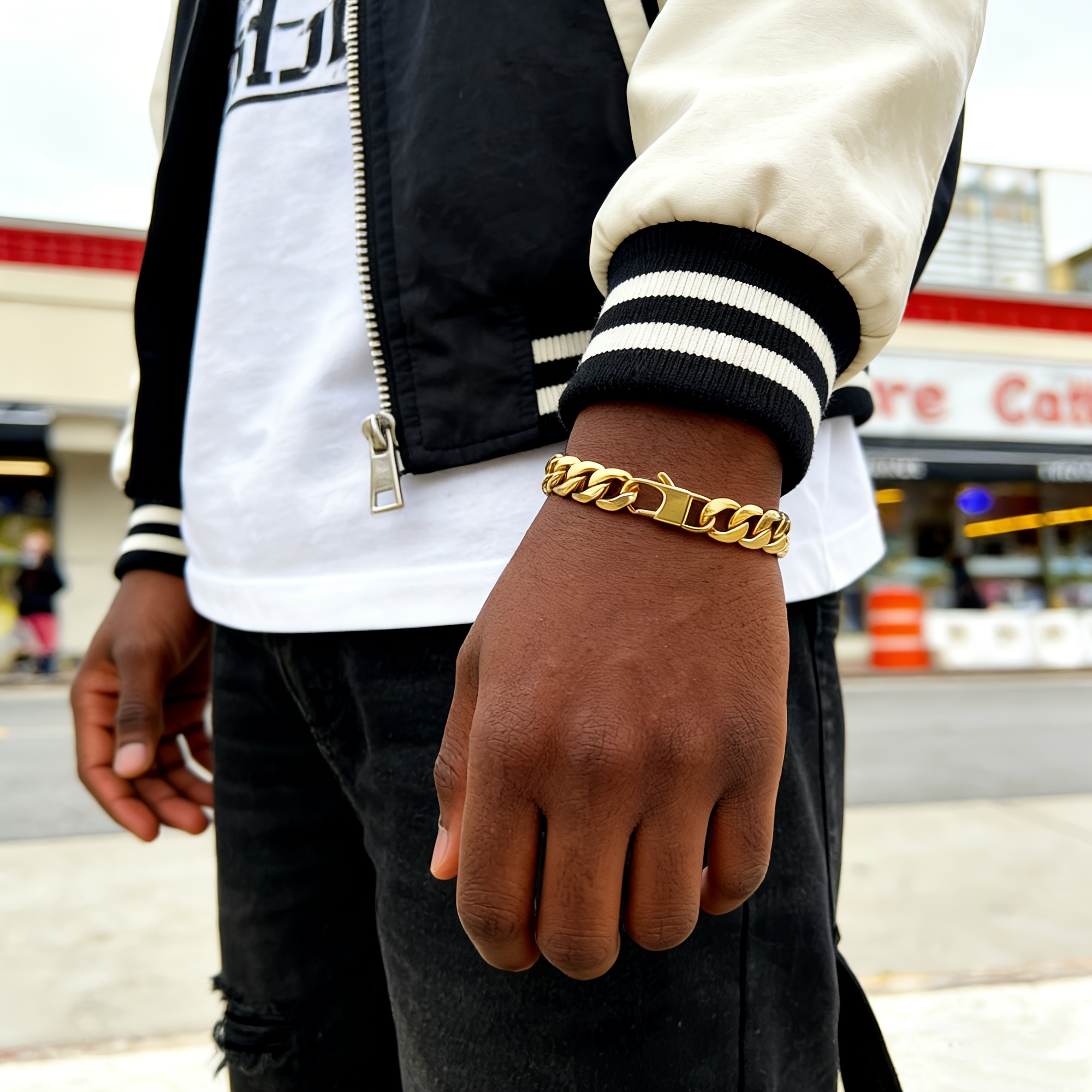 TEMU Bracelet Doré, 0,8 cm de Large, Plaqué Or 18K par Électroplacage sous Vide, Résistant à et à la Transpiration, Bracelet Homme Style Hip-Hop