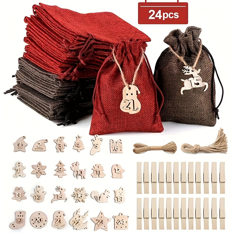 

24pcs Christmas Calendar - Diy Burlap Gift Bags Drawstring, Linen , For Decor & Party Supplies, For Gifting